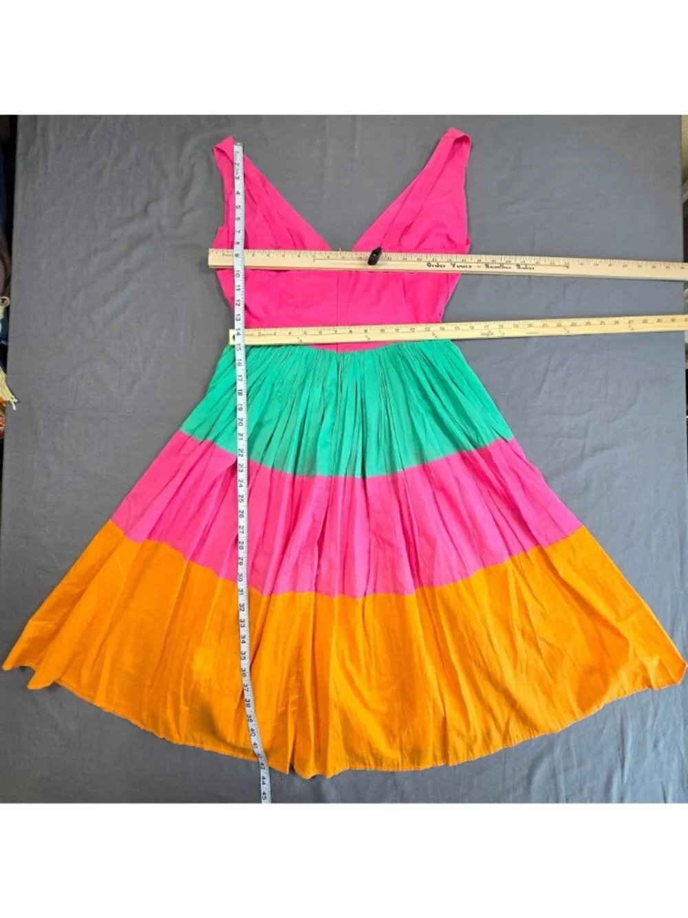 Mira Small Sleeveless Cotton Midi Sun Dress Green/Pink/Orange Colorblock Boho - Picture 3 of 5